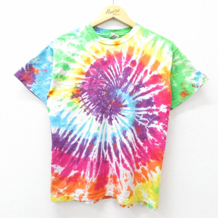 古着 ヘインズ Hanes 半袖 ビンテージ Tシャツ キッズ ボーイズ 子供服 80年代 80s 無地 コットン クルーネック USA製 黄他 イエロー タイダイ 25aug04