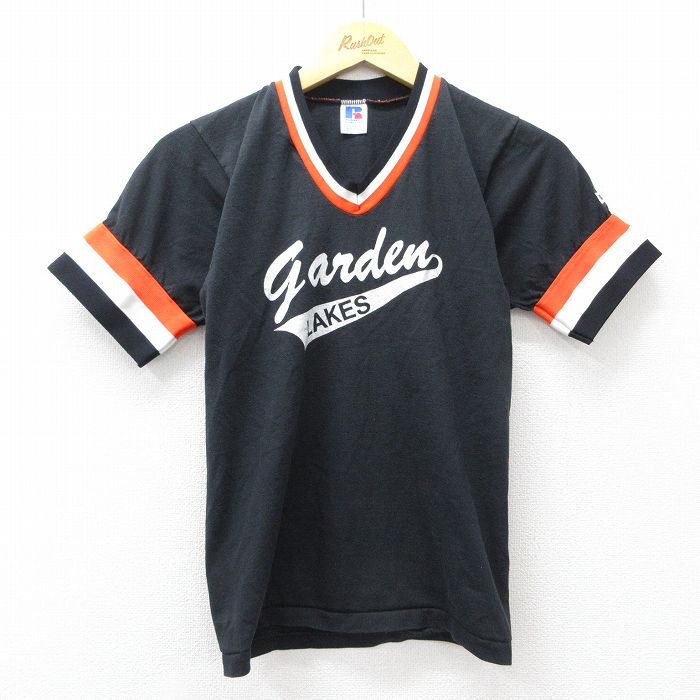 古着 ラッセル 半袖 ビンテージ Tシャツ キッズ ボーイズ 子供服 80年代 80s garden Vネック USA製 黒 ブラック 25aug04