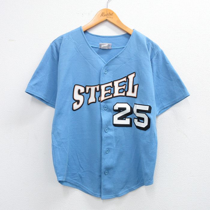 古着 半袖 ベースボール シャツ キッズ ボーイズ 子供服 90年代 90s STEEL 25 USA製 薄紺 ネイビー 25aug06