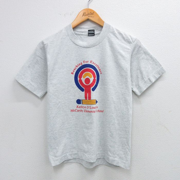 古着 フルーツオブザルーム 半袖 ビンテージ Tシャツ キッズ ボーイズ 子供服 90年代 90s 棒人間 鉛筆 クルーネック USA製 薄グレー 霜降り 25aug06