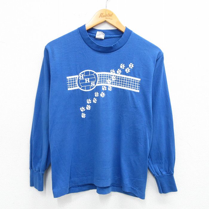 古着 長袖 ビンテージ Tシャツ キッズ ボーイズ 子供服 80年代 80s HHS 肉球 クルーネック USA製 青 ブルー 25aug06