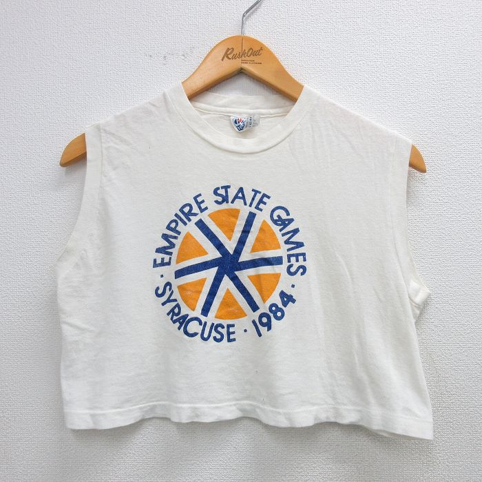 古着 ヘインズ Hanes ノースリーブ ビンテージ Tシャツ キッズ ボーイズ 子供服 80年代 80s シラキュース ショート丈 コットン クルーネック USA製 白 ホワイト 25aug06