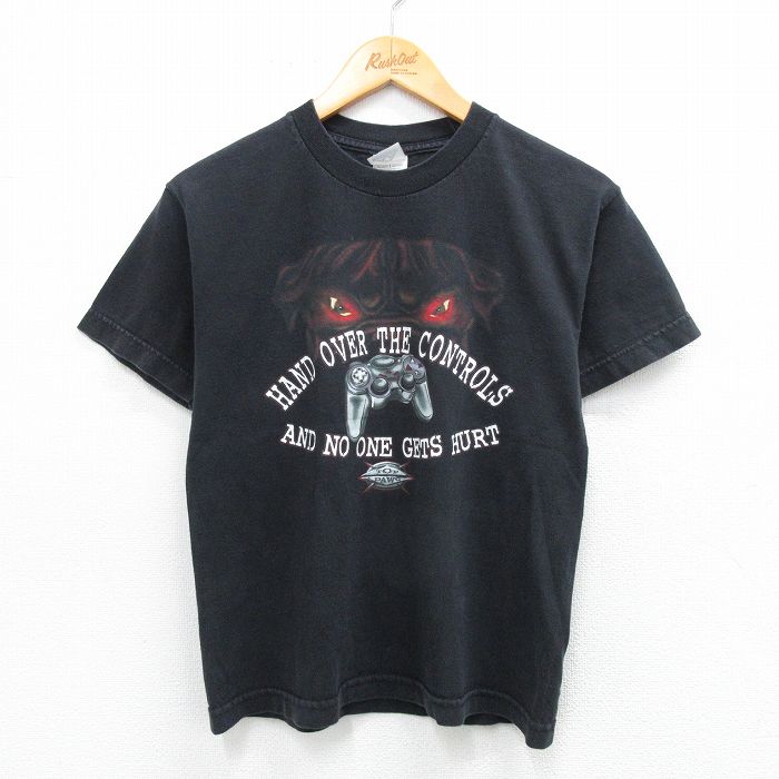 古着 半袖 ビンテージ Tシャツ キッズ ボーイズ 子供服 00年代 00s 犬 ゲーム コットン クルーネック 黒 ブラック 25aug06