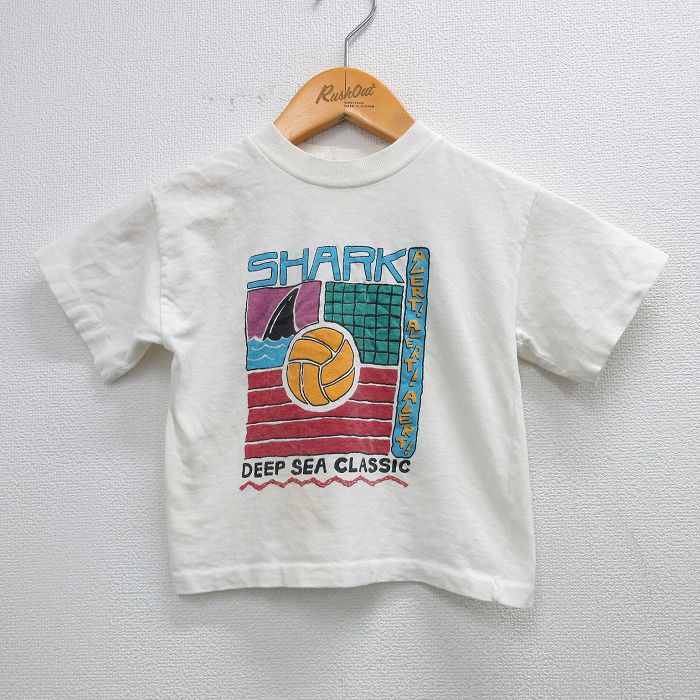 【50%OFF】古着 半袖 ビンテージ Tシャツ キッズ ボーイズ 子供服 80年代 80s サメ ビーチバレー コットン クルーネック USA製 白 ホワイト 25aug06