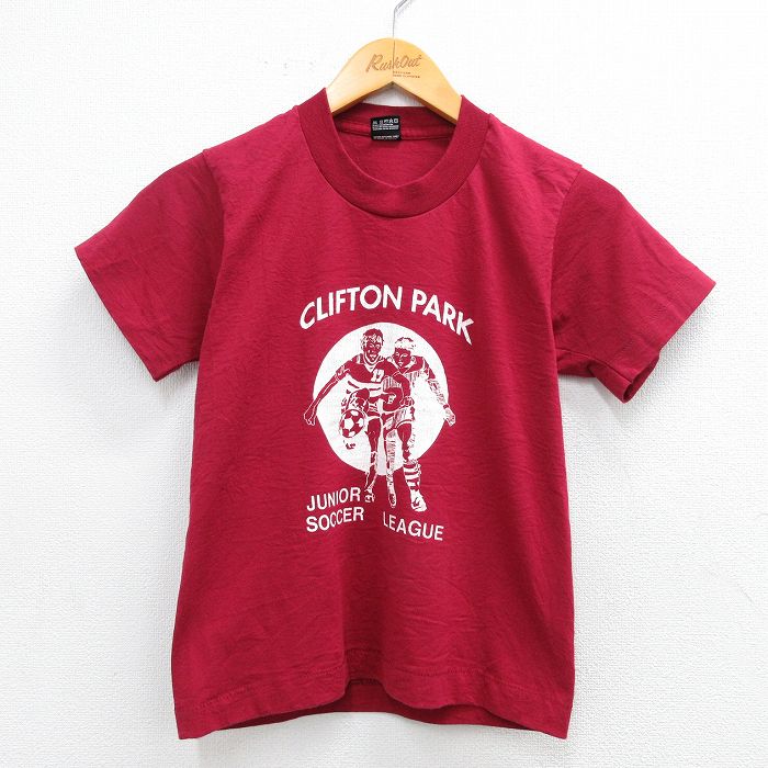 【50%OFF】古着 フルーツオブザルーム 半袖 ビンテージ Tシャツ キッズ ボーイズ 子供服 90年代 90s クリフトンパーク サッカー クルーネック USA製 エンジ 25aug06