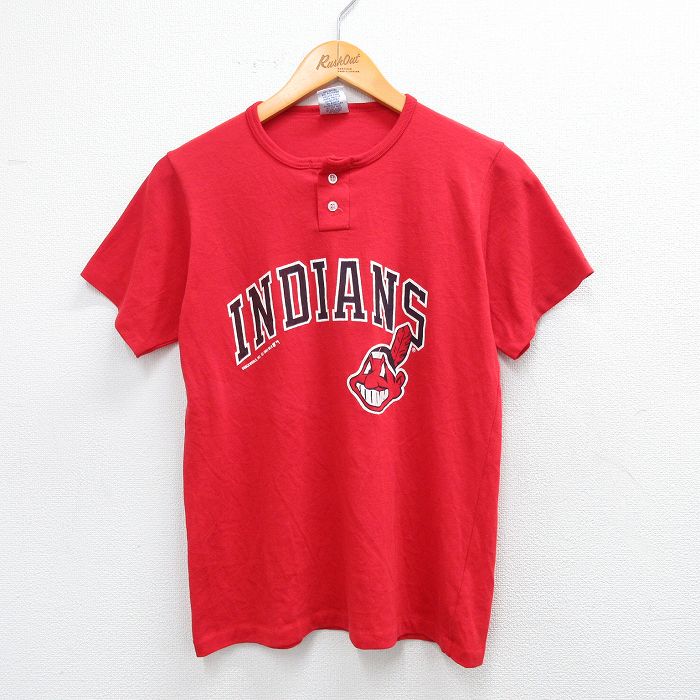 古着 スイングスター 半袖 ビンテージ Tシャツ キッズ ボーイズ 子供服 90年代 90s MLB クリーブランドインディアンス ヘンリーネック USA製 赤 レッド メジャーリーグ ベースボール 野球 25aug06