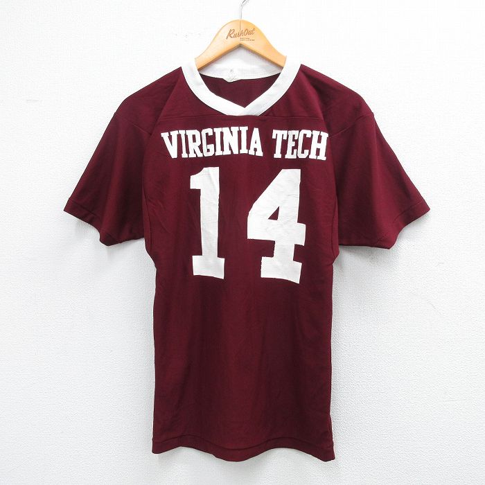 古着 半袖 ビンテージ フットボール Tシャツ キッズ ボーイズ 子供服 80年代 80s バージニア 14 Vネック エンジ 25aug06