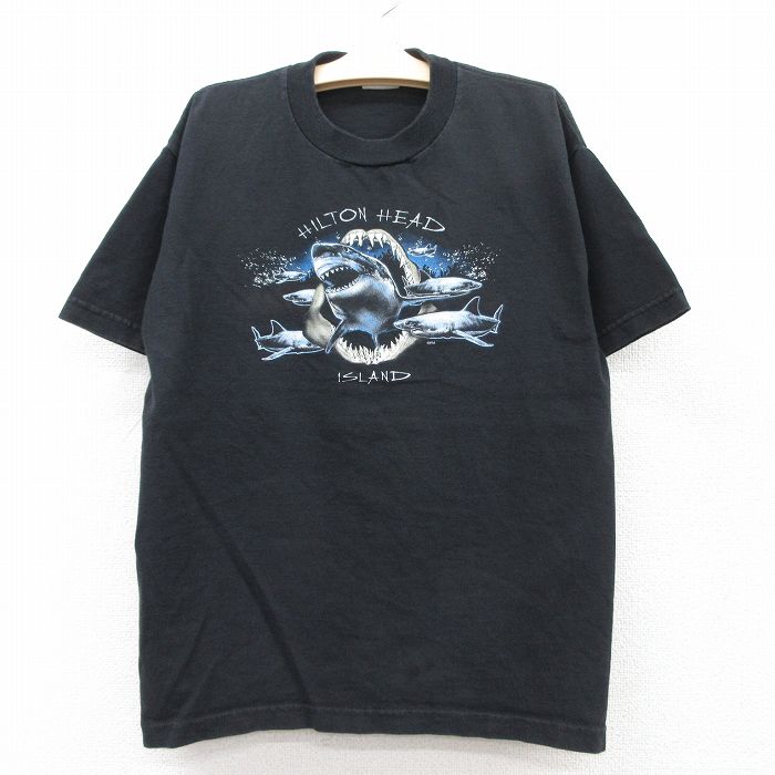 古着 半袖 ビンテージ Tシャツ キッズ ボーイズ 子供服 90年代 90s サメ コットン クルーネック 黒 ブラック 25aug06