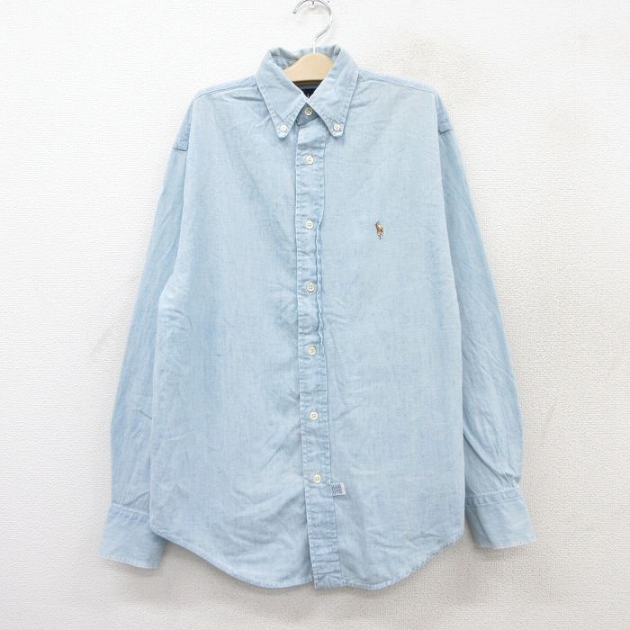 古着 ラルフローレン Ralph Lauren 長袖 ブランド シャツ キッズ ボーイズ 子供服 90年代 90s ワンポイントロゴ コットン ボタンダウン 薄紺 ネイビー デニム 25aug06