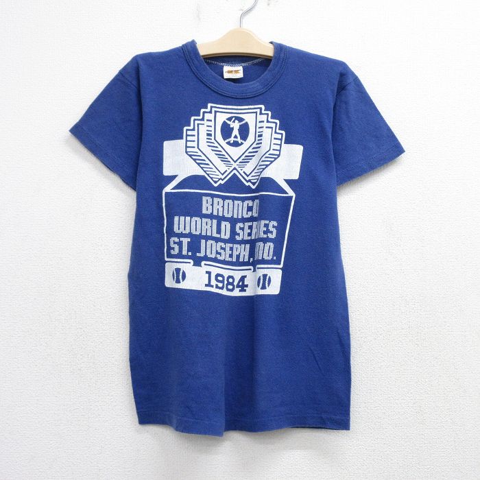 古着 ラッセル 半袖 ビンテージ Tシャツ キッズ ボーイズ 子供服 80年代 80s ベースボール ブロンコ コットン クルーネック 紺 ネイビー 【spe】 25aug20