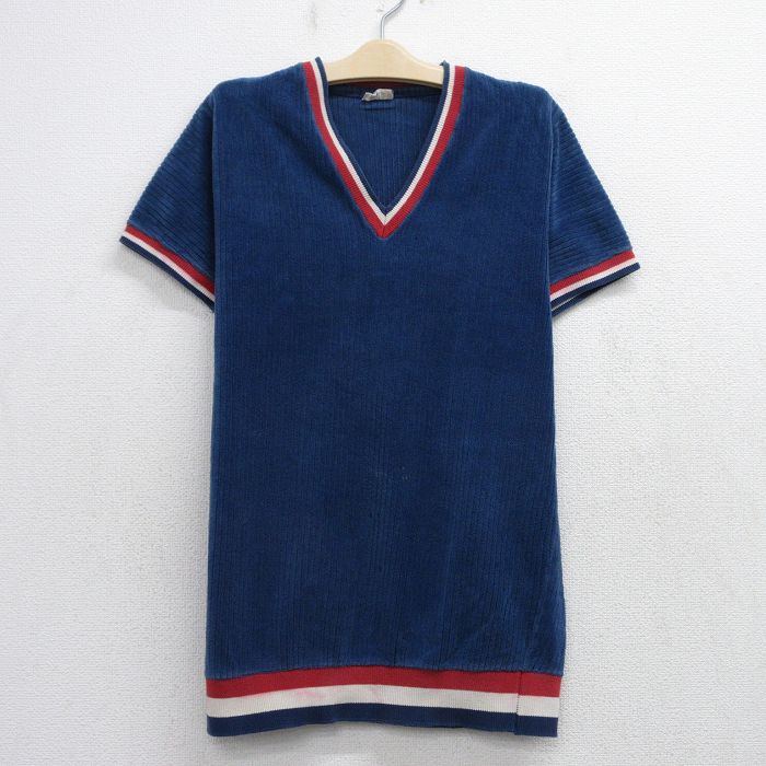 古着 半袖 ビンテージ Tシャツ キッズ ボーイズ 子供服 80年代 80s 無地 パイル地 コットン Vネック 紺 ネイビー 25aug20