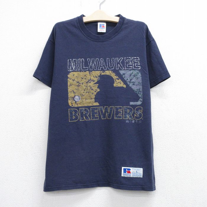 古着 ラッセル 半袖 ビンテージ Tシャツ キッズ ボーイズ 子供服 90年代 90s MLB ミルウォーキーブルワーズ コットン クルーネック USA製 紺 ネイビー メジャーリーグ ベースボール 野球 25aug20