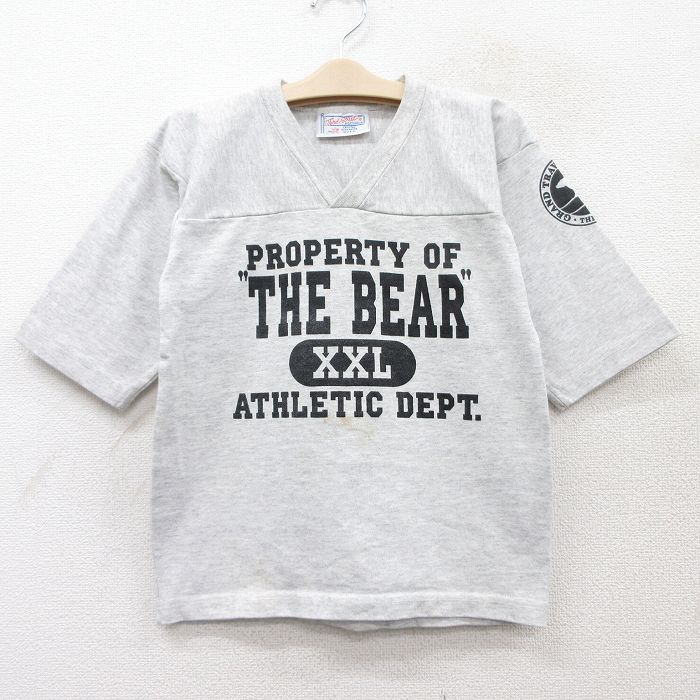 古着 半袖 ビンテージ フットボール Tシャツ キッズ ボーイズ 子供服 90年代 90s THE BEAR Vネック USA製 薄グレー 霜降り 25sep02