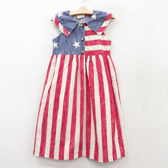 古着 ノースリーブ ワンピース キッズ ガールズ 子供服 90年代 90s 星条旗 コットン USA製 赤他 レッド 25sep02