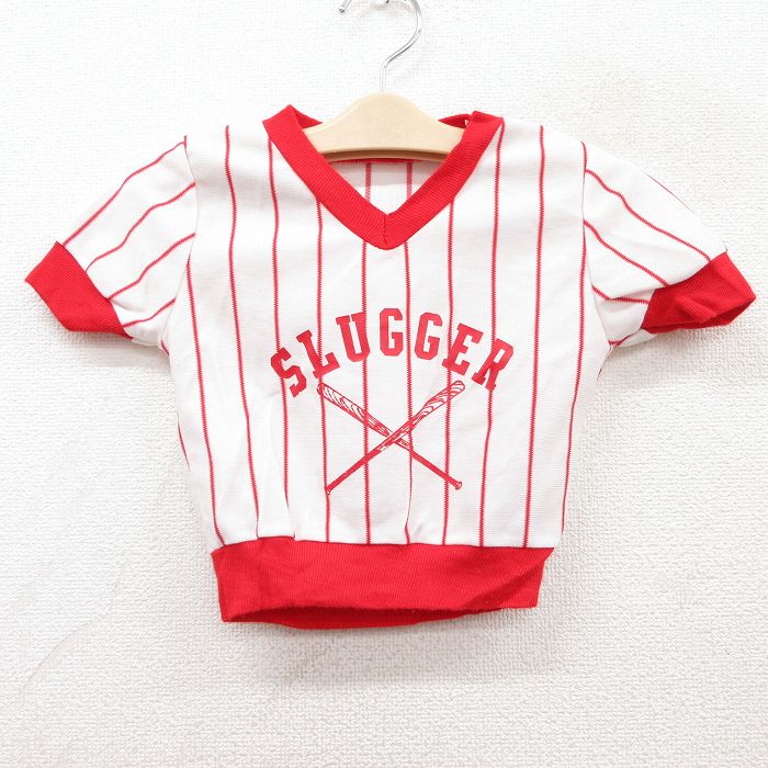 古着 半袖 ビンテージ Tシャツ キッズ ボーイズ 子供服 80年代 80s SLUGGER ベースボール Vネック 赤他 レッド ストライプ 25sep02