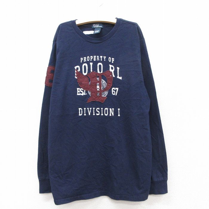 古着 ラルフローレン Ralph Lauren 長袖 ブランド Tシャツ キッズ ボーイズ 子供服 90年代 90s ビッグロゴ コットン クルーネック 紺 ネイビー 25sep02