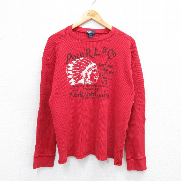 古着 ラルフローレン Ralph Lauren 長袖 ブランド サーマル Tシャツ キッズ ボーイズ 子供服 90年代 90s ビッグロゴ インディアン コットン クルーネック 赤 レッド 25sep03