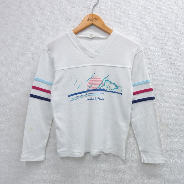 古着 長袖 ビンテージ フットボール Tシャツ キッズ ボーイズ 子供服 80年代 80s パームビーチ Vネック 白 ホワイト 25sep03