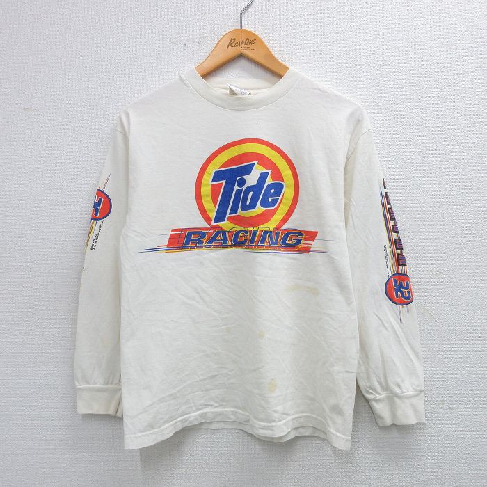 古着 長袖 ビンテージ Tシャツ キッズ ボーイズ 子供服 00年代 00s Tide レーシング コットン クルーネック 白 ホワイト 25sep03