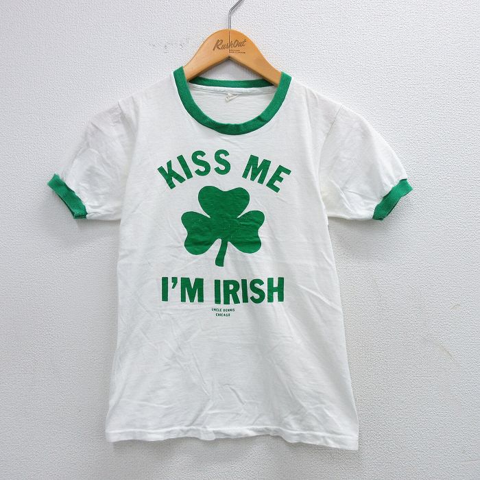 古着 半袖 ビンテージ Tシャツ キッズ ボーイズ 子供服 70年代 70s クローバー アイリッシュ コットン クルーネック USA製 白 ホワイト リンガー 25sep03