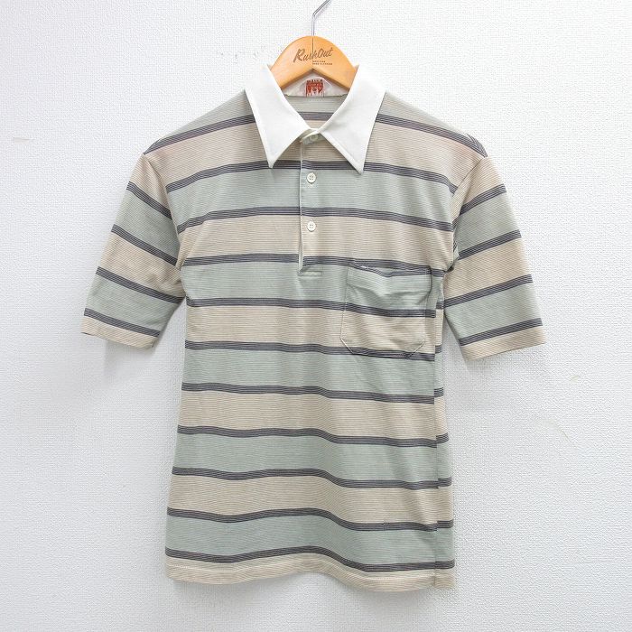 古着 半袖 ポロ シャツ キッズ ボーイズ 子供服 80年代 80s ベージュ他 カーキ ボーダー 25sep03