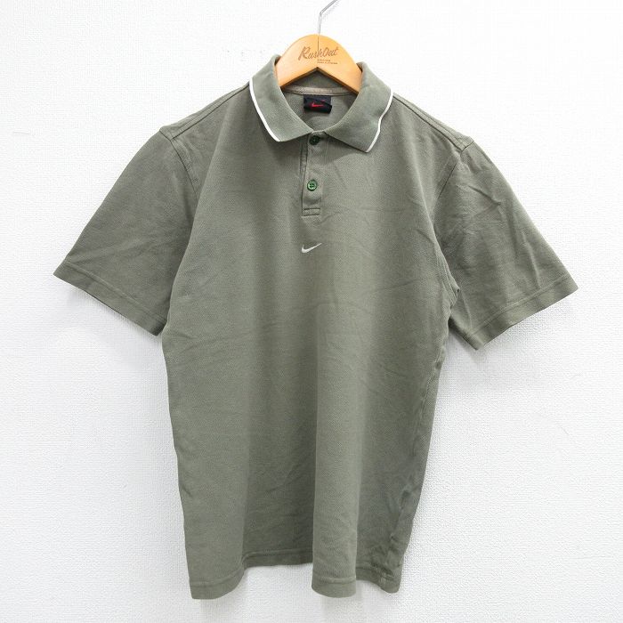 古着 ナイキ NIKE 半袖 ポロ シャツ キッズ ボーイズ 子供服 00年代 00s ワンポイントロゴ コットン クルーネック 濃緑 グリーン 25sep03