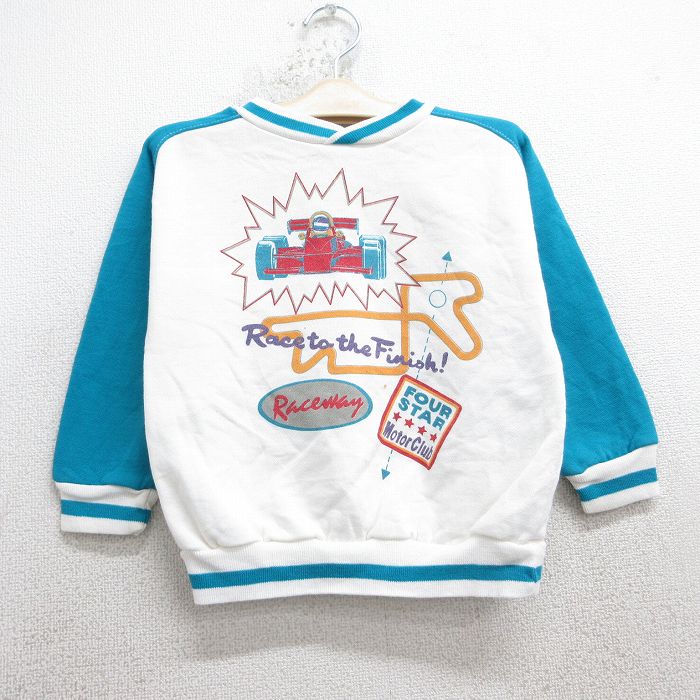 古着 長袖 スウェット キッズ ボーイズ 子供服 80年代 80s レーシングカー ラグラン ツートンカラー クルーネック USA製 白他 25dec03
