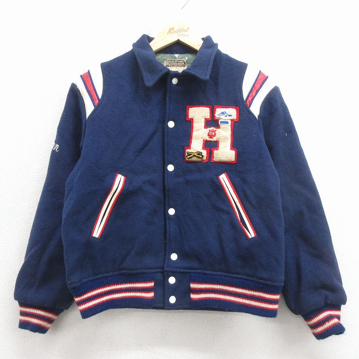 古着 長袖 スタジャン キッズ ボーイズ 子供服 80年代 80s H レザー使用 紺 内側キルティング 26jan09