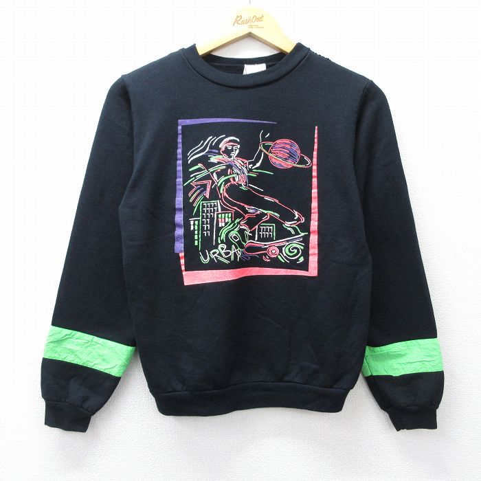 古着 長袖 スウェット キッズ ボーイズ 子供服 90年代 90s スケボー クルーネック USA製 黒他 26jan28