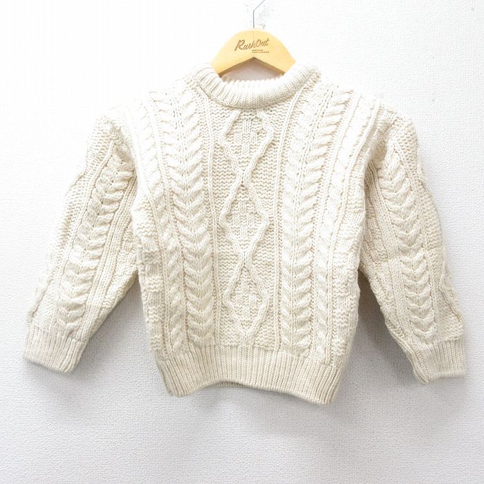 古着 長袖 アラン フィッシャーマン ケーブル セーター キッズ ボーイズ 子供服 90年代 90s デッドストック メリノウール クルーネック アイルランド製 生成り【spe】 26jan28