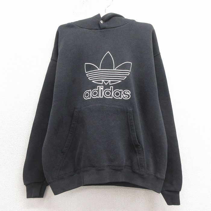 古着 アディダス adidas 長袖 スウェット パーカー キッズ 子供服 90年代 90s ビッグロゴ リーフトレフォイル USA製 黒 26jan31