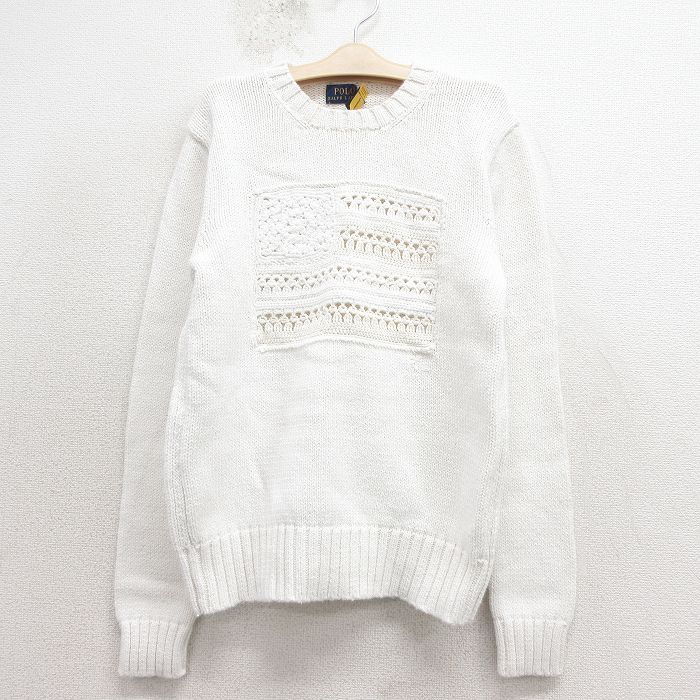 古着 ラルフローレン 長袖 ブランド セーター キッズ ボーイズ 子供服 星条旗 クルーネック 白【spe】 26feb04
