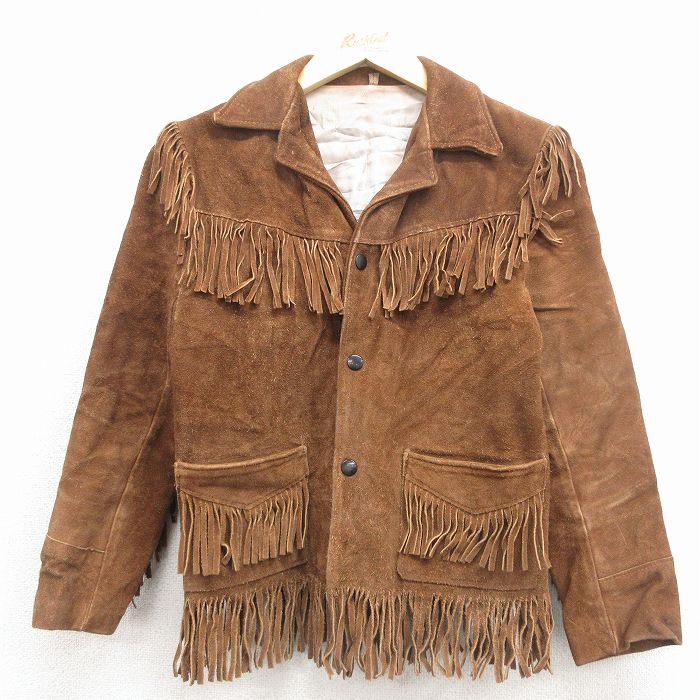 古着 長袖 スエード レザー ジャケット キッズ ボーイズ 子供服 80年代 80s フリンジ 茶 26feb04