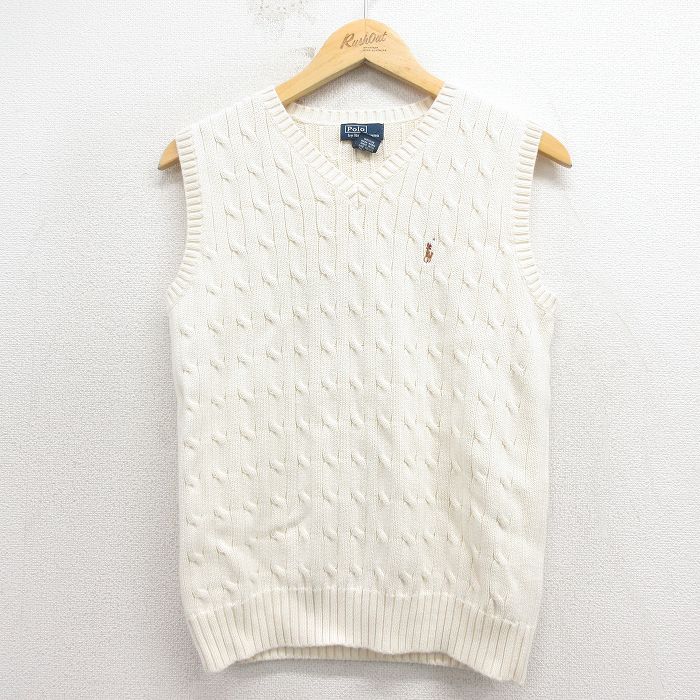 古着 ラルフローレン ブランド ケーブル ニット ベスト キッズ ボーイズ 子供服 90年代 90s ワンポイントロゴ コットン Vネック 白 26feb04