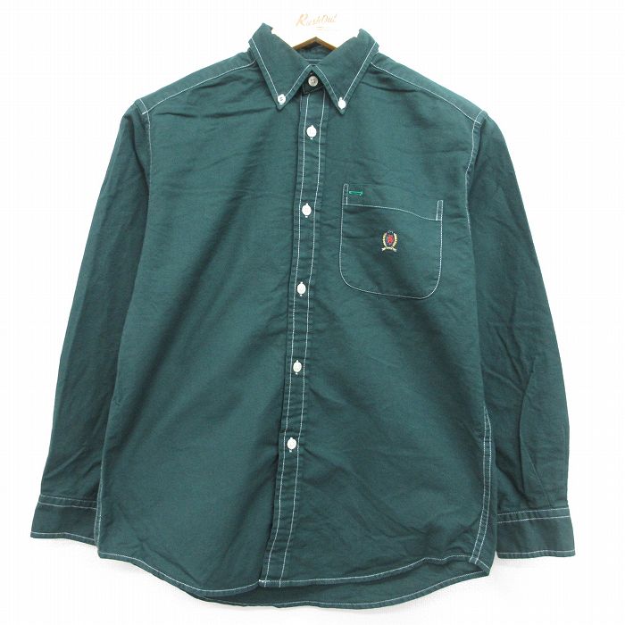 古着 トミーヒルフィガー 長袖 ブランド シャツ メンズ 90年代 90s ワンポイントロゴ オックスフォード コットン ボタンダウン グリーン 26may23