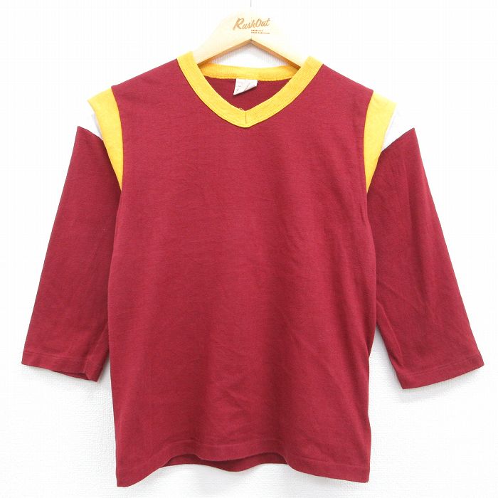 古着 シアーズ 7分袖 ビンテージ Tシャツ キッズ 子供服 80年代 80s 無地 バーガンディ 26may23