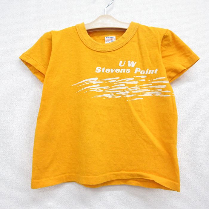 古着 チャンピオン champion 半袖 ビンテージ Tシャツ キッズ ボーイズ 子供服 80年代 80s UW Steevens Point コットン クルーネック USA製 イエロー【spe】 26jul06