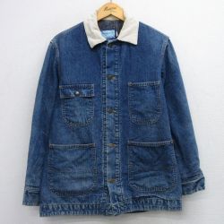 L★古着 シアーズ 長袖 カバーオール メンズ 80年代 80s 襟コーデュロイ コットン USA製 紺 ネイビー デニム 内側ブランケット 【spe】 25sep24 中古 アウター