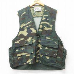 L★古着 ハンティング ベスト メンズ 90年代 90s ウッドランドカモ コットン 緑 グリーン 迷彩 内側メッシュ 25oct22 中古 アウター