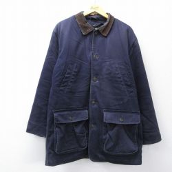 XL★古着 ランズエンド 長袖 カバーオール メンズ 00年代 00s 襟レザー ロング丈 コットン 紺 ネイビー 内側キルティング 25oct24 中古 アウター