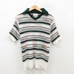 XS★古着 半袖 ビンテージ セーター メンズ 70年代 70s 襟付き アクリル 開襟 オープンカラー 白他 ホワイト ボーダー 25sep27 中古 トップス
