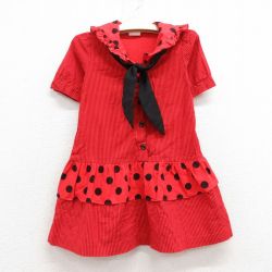 古着 半袖 ワンピース キッズ ガールズ 子供服 90年代 90s コットン 赤他 レッド ストライプ 24aug05