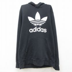【50%OFF】古着 アディダス adidas 長袖 スウェット パーカー キッズ ボーイズ 子供服 ビッグロゴ リーフトレフォイル 黒 ブラック 24dec26