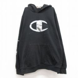 【50%OFF】古着 チャンピオン champion 長袖 スウェット パーカー キッズ ボーイズ 子供服 ビッグロゴ 黒 ブラック 25feb13