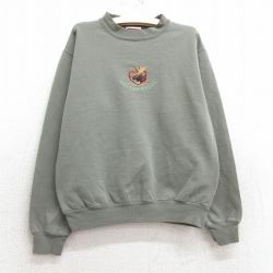 古着 長袖 スウェット キッズ ボーイズ 子供服 90年代 90s シカ イエローストーン 刺繍 クルーネック USA製 濃緑 グリーン 25mar04