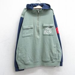 古着 長袖 ハーフジップ スウェット パーカー キッズ ボーイズ 子供服 00年代 00s アニメ ナルト疾風伝 ツートンカラー 濃緑他 グリーン 25mar26