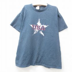 古着 半袖 ビンテージ Tシャツ キッズ ボーイズ 子供服 90年代 90s USAロゴ 星 コットン クルーネック USA製 紺系 ネイビー 25jun14