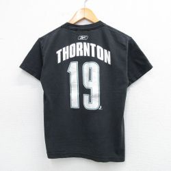 古着 リーボック REEBOK 半袖 ビンテージ Tシャツ キッズ ボーイズ 子供服 00年代 00s NHL サンノゼシャークス ジョーソーントン 19 コットン クルーネック 黒 ブラック アイスホッケー 25aug06