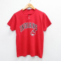 古着 スイングスター 半袖 ビンテージ Tシャツ キッズ ボーイズ 子供服 90年代 90s MLB クリーブランドインディアンス ヘンリーネック USA製 赤 レッド メジャーリーグ ベースボール 野球 25aug06