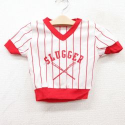 古着 半袖 ビンテージ Tシャツ キッズ ボーイズ 子供服 80年代 80s SLUGGER ベースボール Vネック 赤他 レッド ストライプ 25sep02